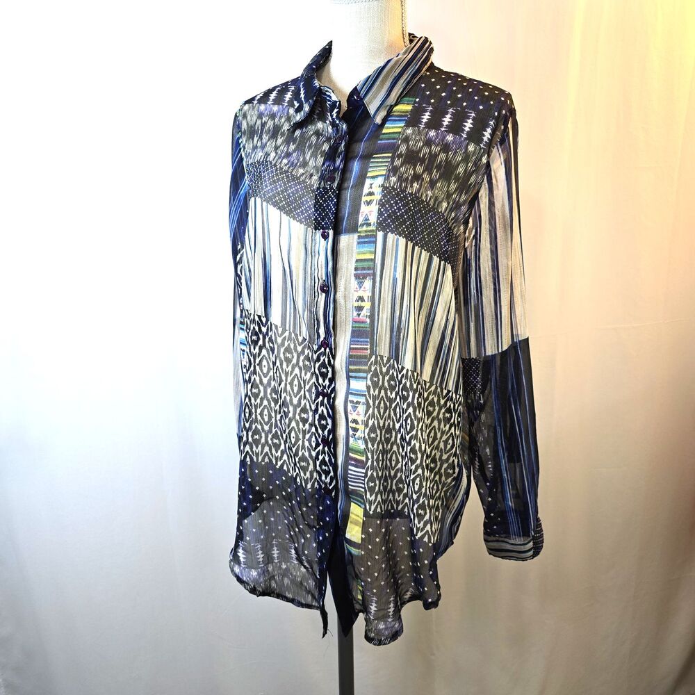 Klass Sz 14 Sheer Button Up Blouse Black Blue Geometric Patchwork Print Long Slv